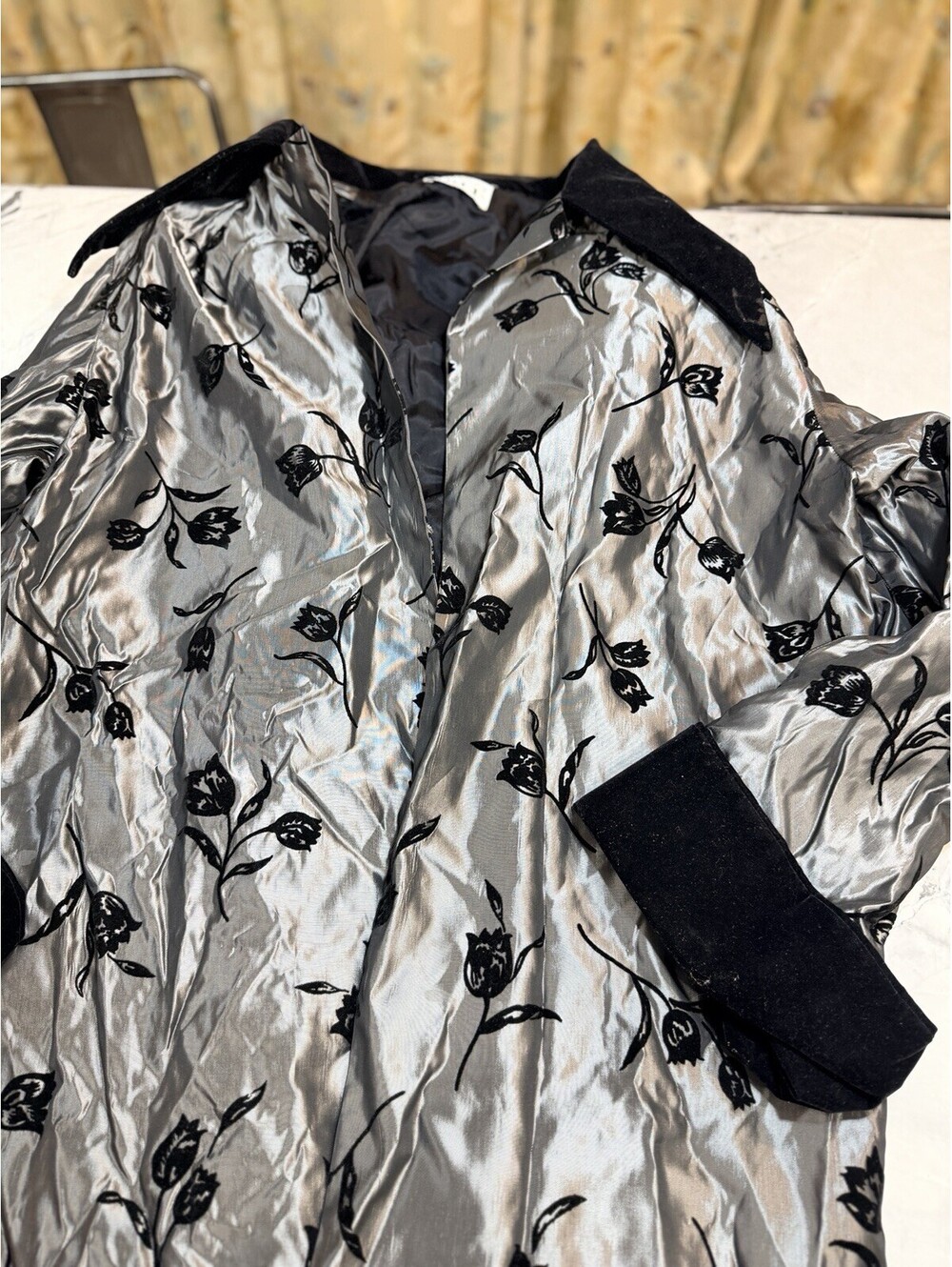 Vintage Mo’Nique’s BBLI Silver Floral Duster Coat Black Velvet Y2K Plus Size
